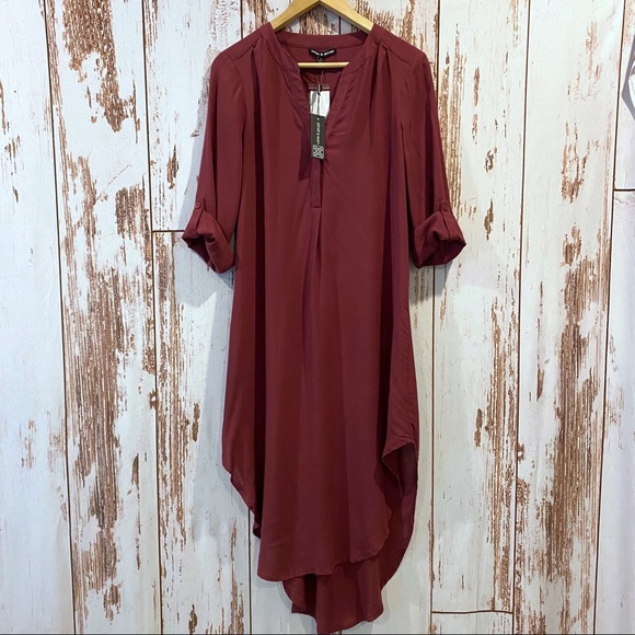Cable & Gauge Dresses Cable Gauge Burgundy V Neck Hi Lo Midi Dress